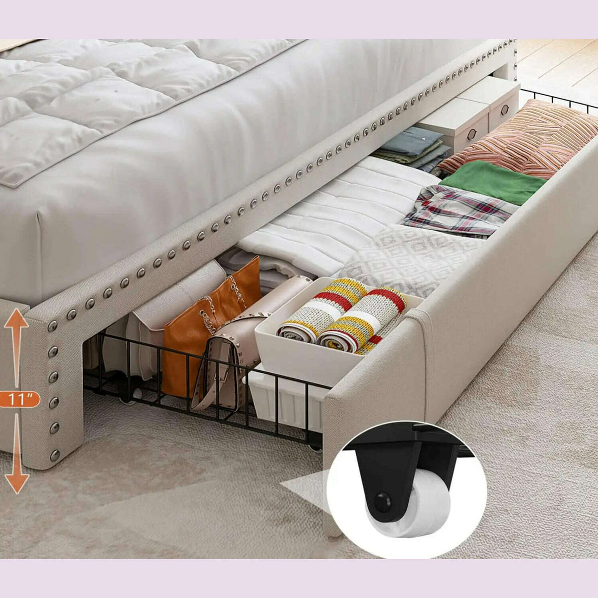 Queen Bed Frame with 3 Drawers,Bed Frame Queen Size with Upholstered Headboard and Storage,2-Tier Shelves,for Strong Support, No