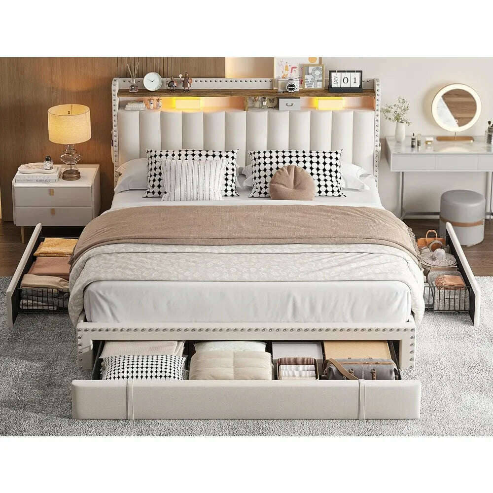 Queen Bed Frame with Headboard and 3 Large Drawers, Upholstered Platform Bed Frame Queen Size with Storage, Queen Size B