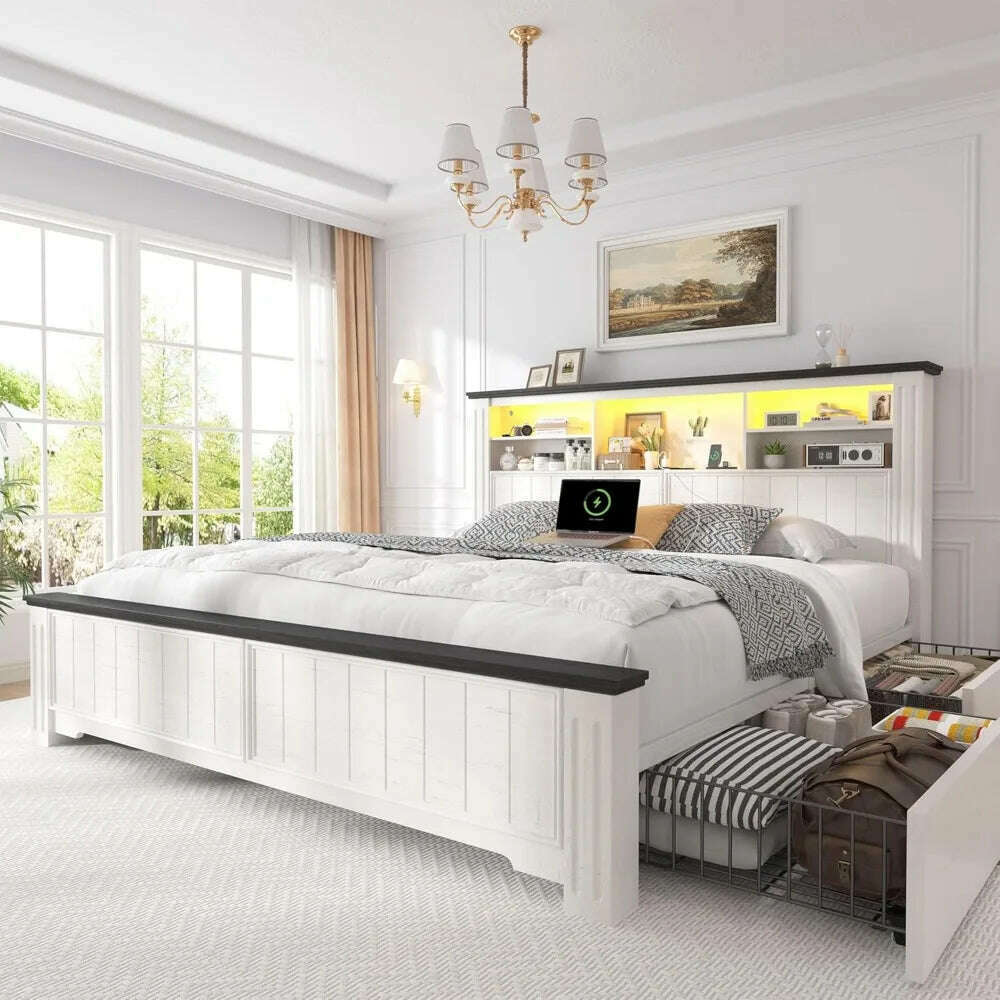 Queen Bed Frame with Headboard and Storage, Size Beds Frames with Storage Farmhouse, Built in Charging Station, Bed Frame