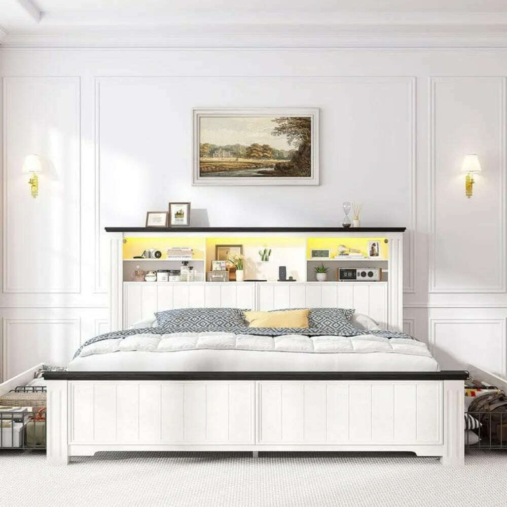 Queen Bed Frame with Headboard and Storage, Size Beds Frames with Storage Farmhouse, Built in Charging Station, Bed Frame