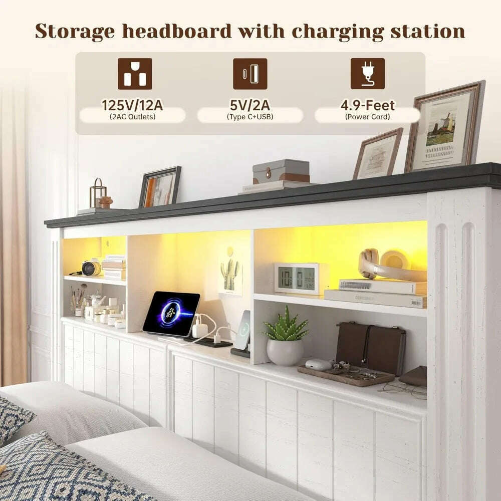 Queen Bed Frame with Headboard and Storage, Size Beds Frames with Storage Farmhouse, Built in Charging Station, Bed Frame