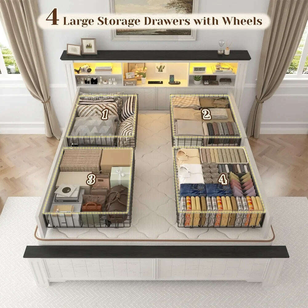 Queen Bed Frame with Headboard and Storage, Size Beds Frames with Storage Farmhouse, Built in Charging Station, Bed Frame