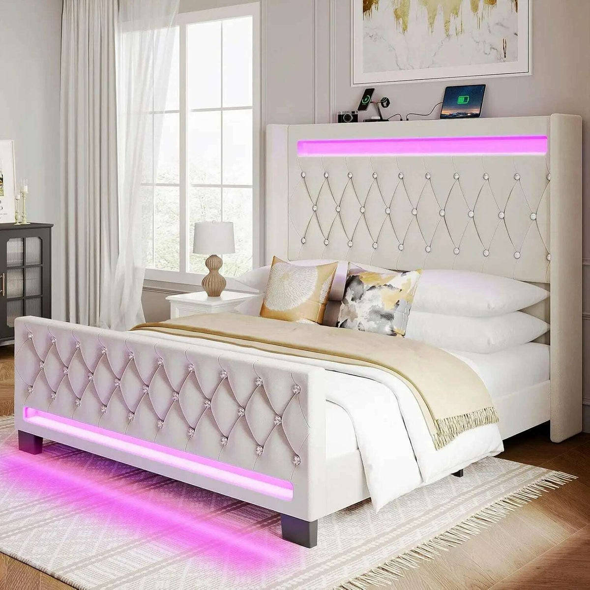 Queen Bed Frame with LED Light and Charging Station, Upholstered High Headboard and Footboard, Wood Slats, Noise Free