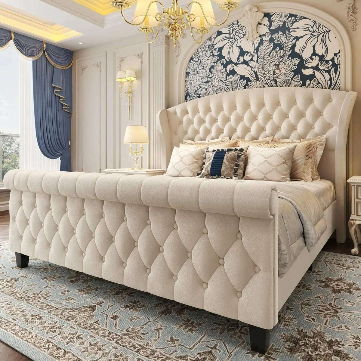 Queen Platform Bed Frame,52.5"Tall Velvet Upholstered Sleigh Bed with Scroll Wingback Headboard & Footboard/No Box Spring Needed