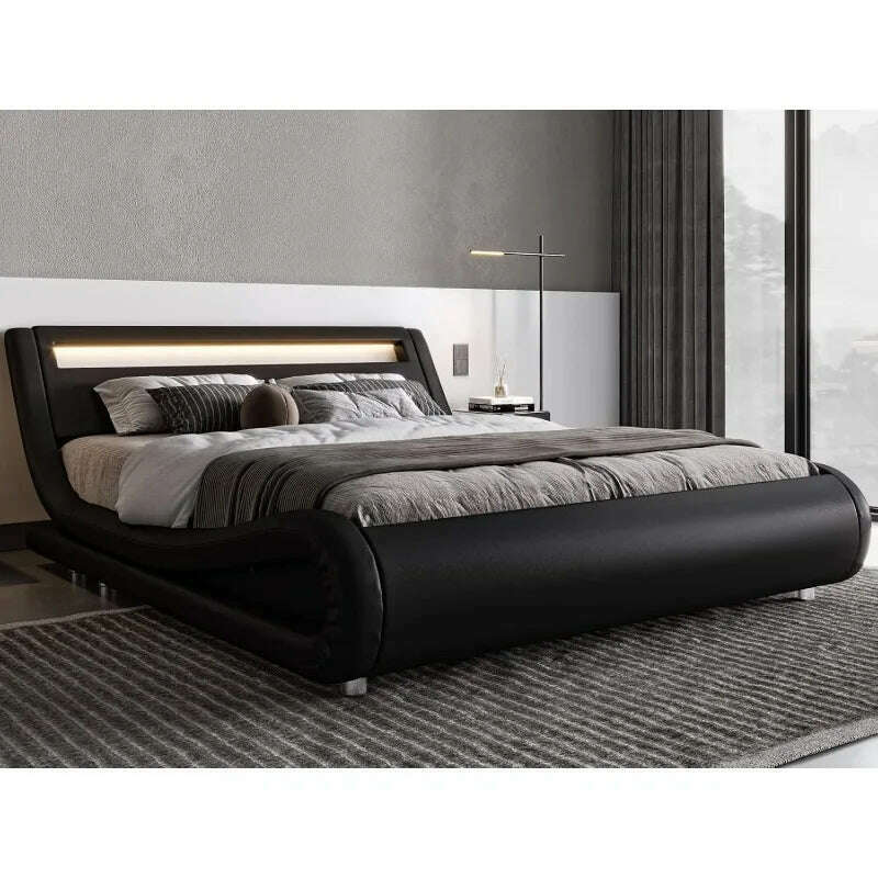 Queen Size LED Platform Bed Frame with Adjustable Headboard/No Box Spring Need/Easy Assembly/Faux Leather in Black