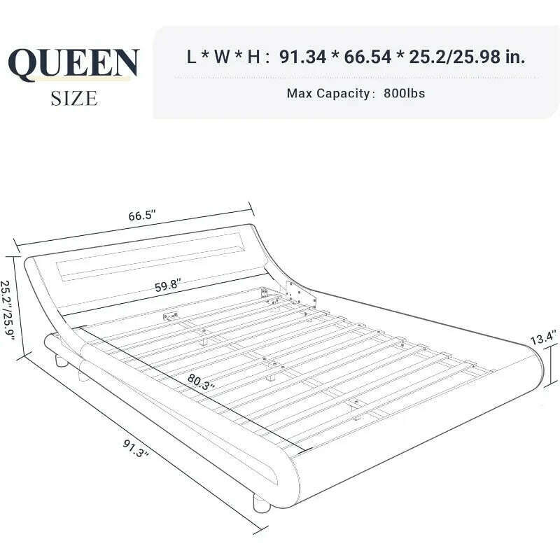 Queen Size LED Platform Bed Frame with Adjustable Headboard/No Box Spring Need/Easy Assembly/Faux Leather in Black