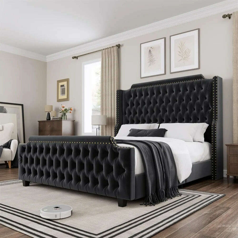 Queen Size Platform Bed Frame with 54" Tall Wingback Headboard & Deep Button Tufted Footboard, Velvet Upholstered Bed Frame