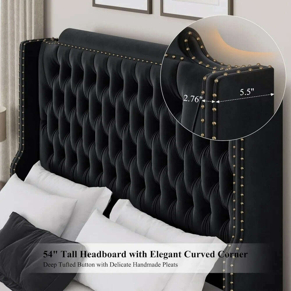 Queen Size Platform Bed Frame with 54" Tall Wingback Headboard & Deep Button Tufted Footboard, Velvet Upholstered Bed Frame