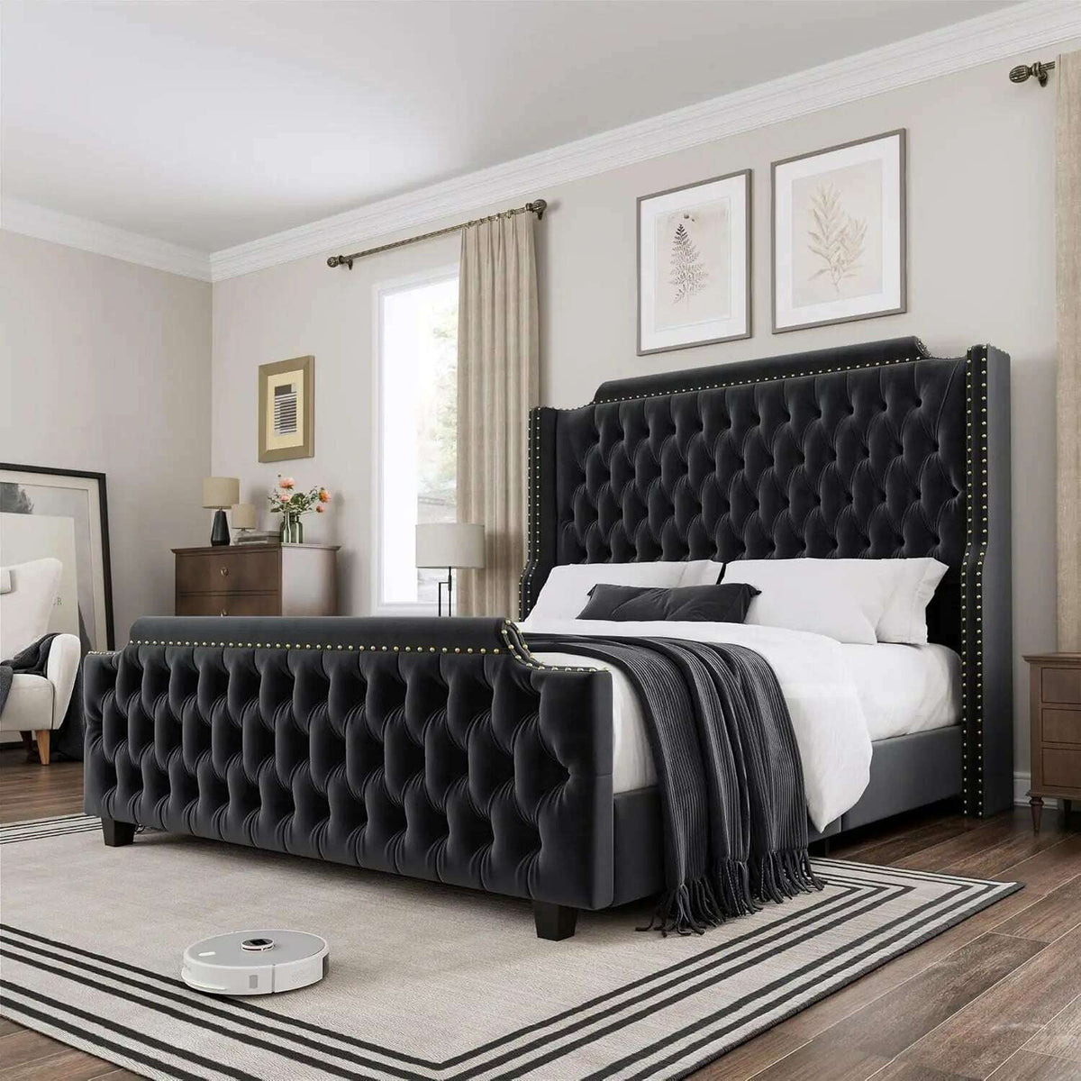 Queen Size Platform Bed Frame with 54" Tall Wingback Headboard & Deep Button Tufted Footboard, Velvet Upholstered Bed Frame