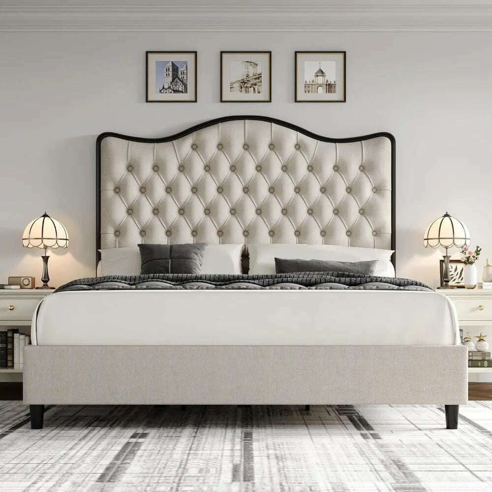 Queen Size Platform Bed Frame with 55" Tall Curved Headboard, Linen Modern Upholstered Frame with Deep Tufted Button Black/Beige