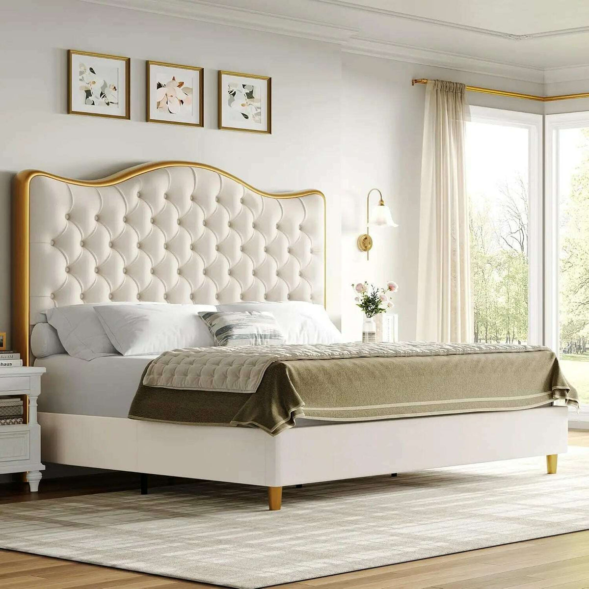 Queen Size Platform Bed Frame with 55" Tall Curved Headboard, Linen Modern Upholstered Frame with Deep Tufted Button Black/Beige
