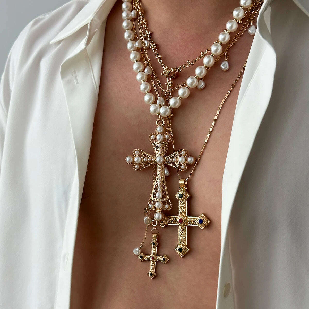Salircon 4pcs/set Aesthetic Design Jesus Cross Pendant Necklace Men Vintage Luxury Imitation Pearl Chain Choker Punk Jewelry