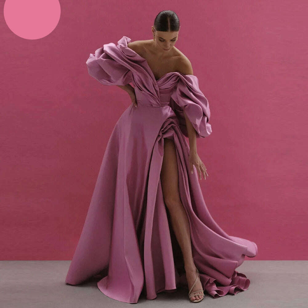Sansa Sexy Off Shoulder A-line Prom Dresses Side High Split Vestidos De Noche Gorgeous Pink Thick Satin Vestidos De Fiesta