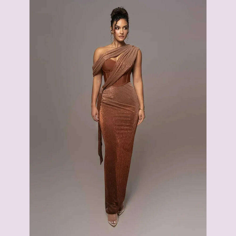 Sexy One Shoulder Draped Glitter Long Dress Women Brown Corset Sparkly Backless Bodycon Maxi Dresses Evening Party Gowns