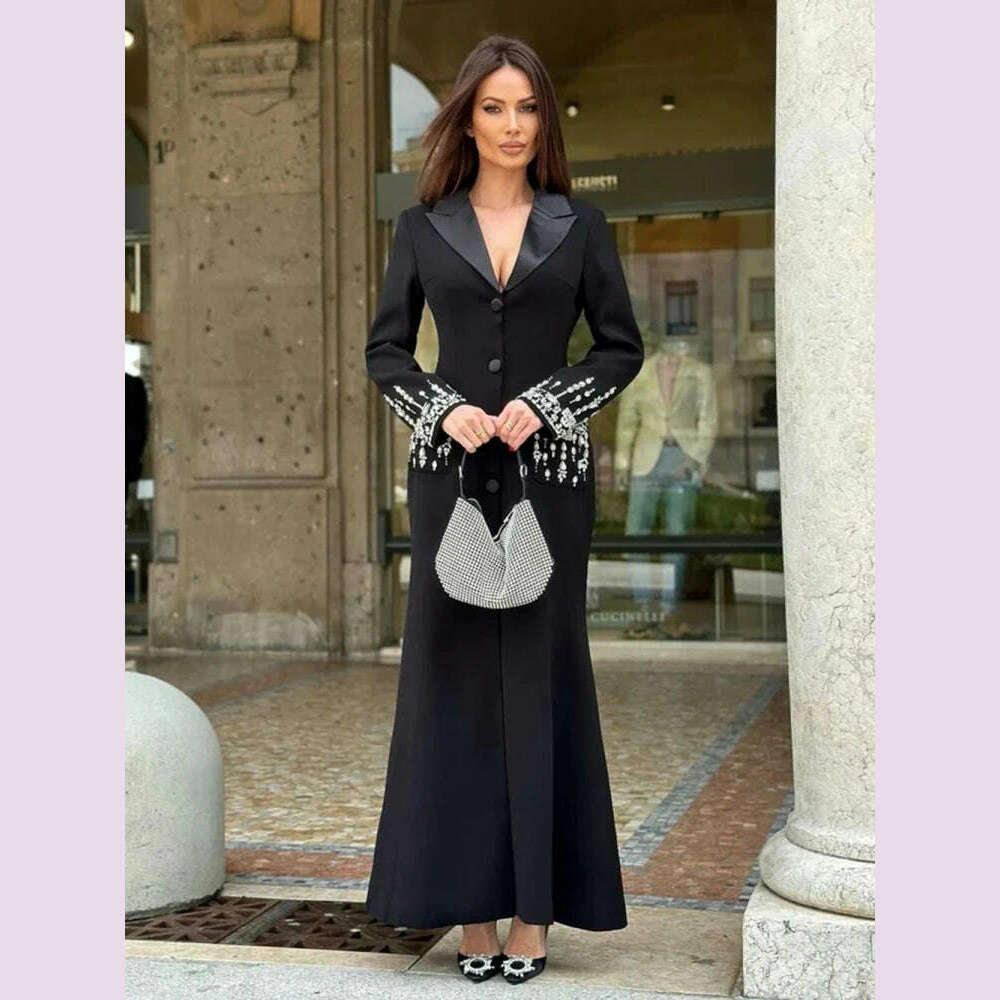 Sexy Women Black White Long Sleev Crystal Design V Necke Diamond Beads Long Dress Single Breasted Slim Dresses Elegant Evening
