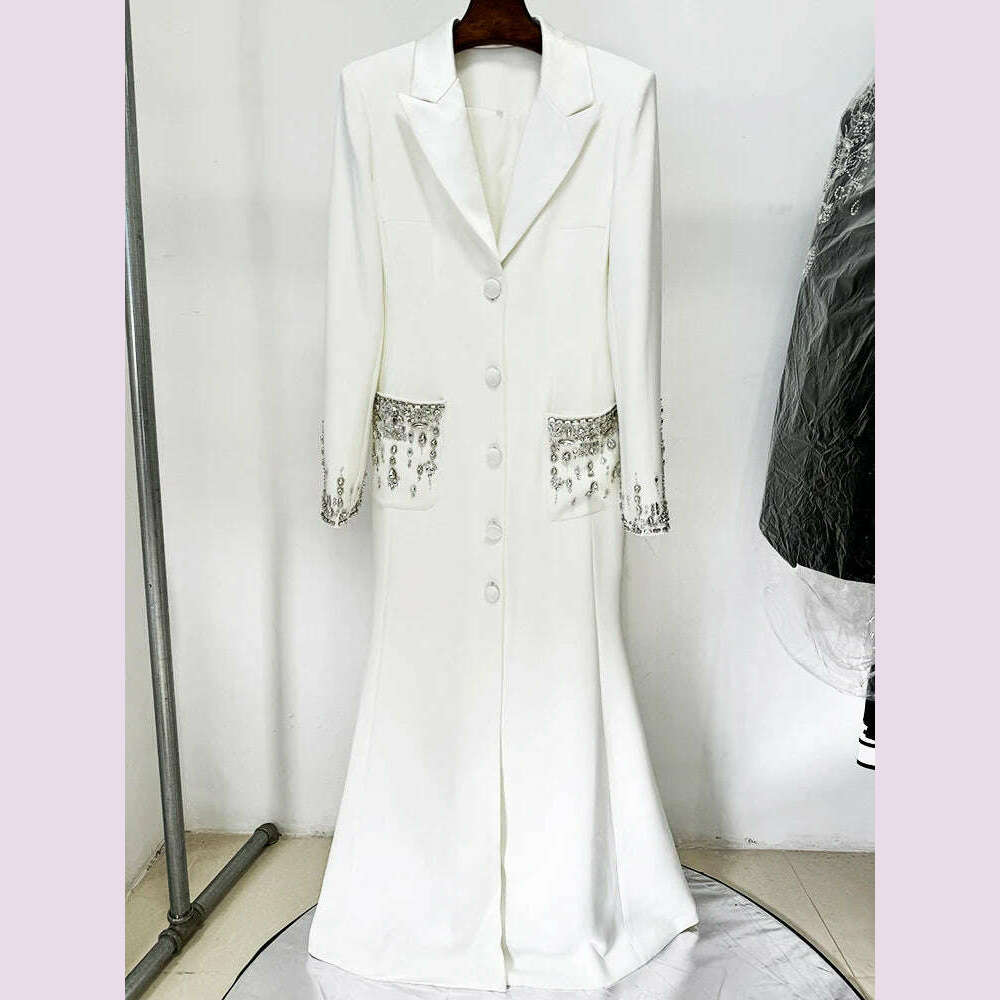 Sexy Women Black White Long Sleev Crystal Design V Necke Diamond Beads Long Dress Single Breasted Slim Dresses Elegant Evening
