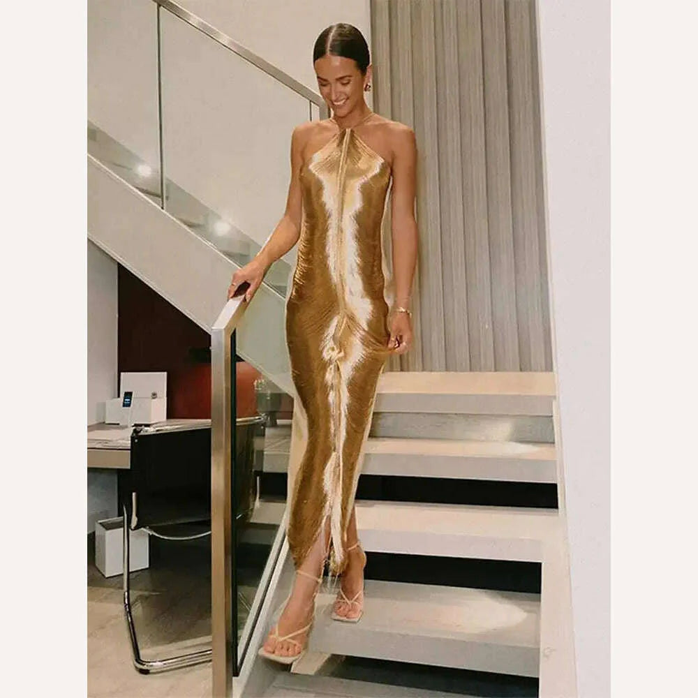 Shiny Metallic Halter Slim Mini Dress For Women Female Sleeveless Backless Bodycon Vestidos Ladies Party Club Evening Robes