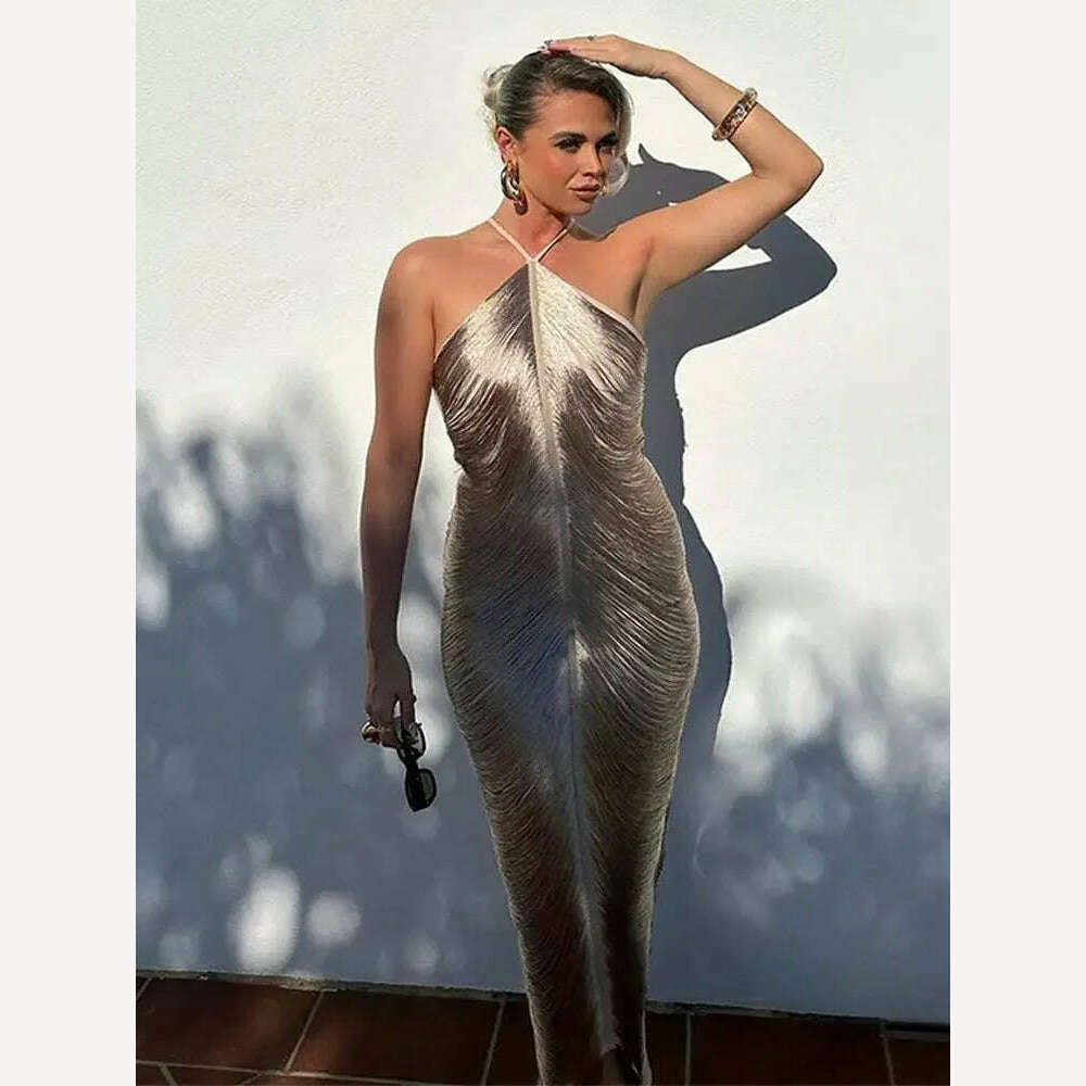 Shiny Metallic Halter Slim Mini Dress For Women Female Sleeveless Backless Bodycon Vestidos Ladies Party Club Evening Robes