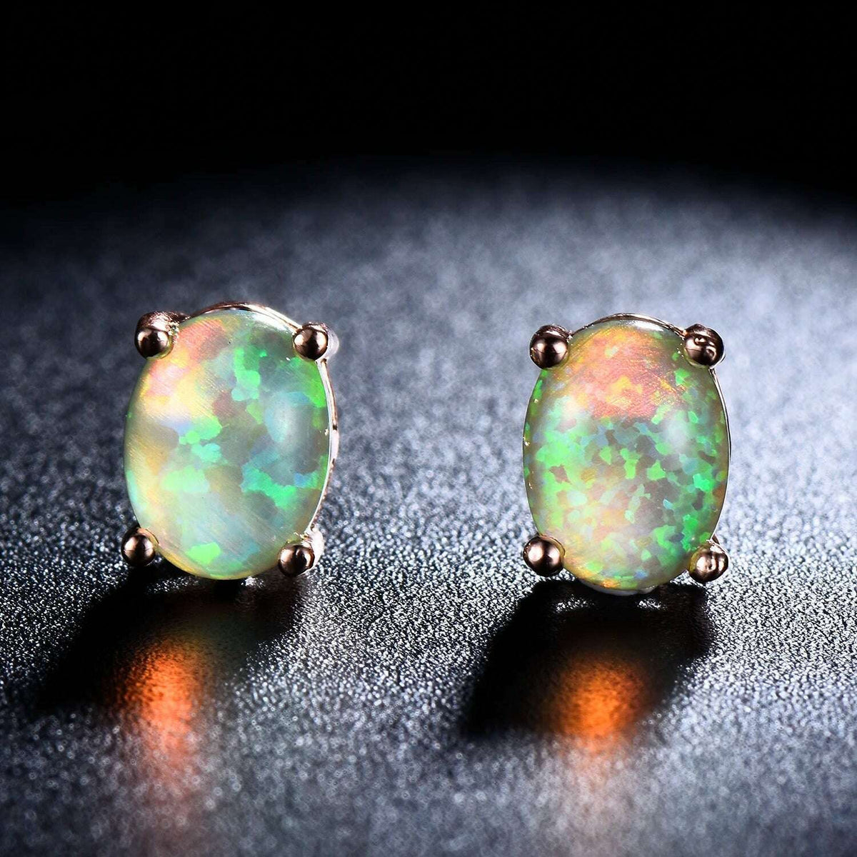 Silver Color Cute Oval Green Opal Stone Stud Earrings for Women Dainty Classic 4 Claws Natural Fire Opal Stone Students Earrings