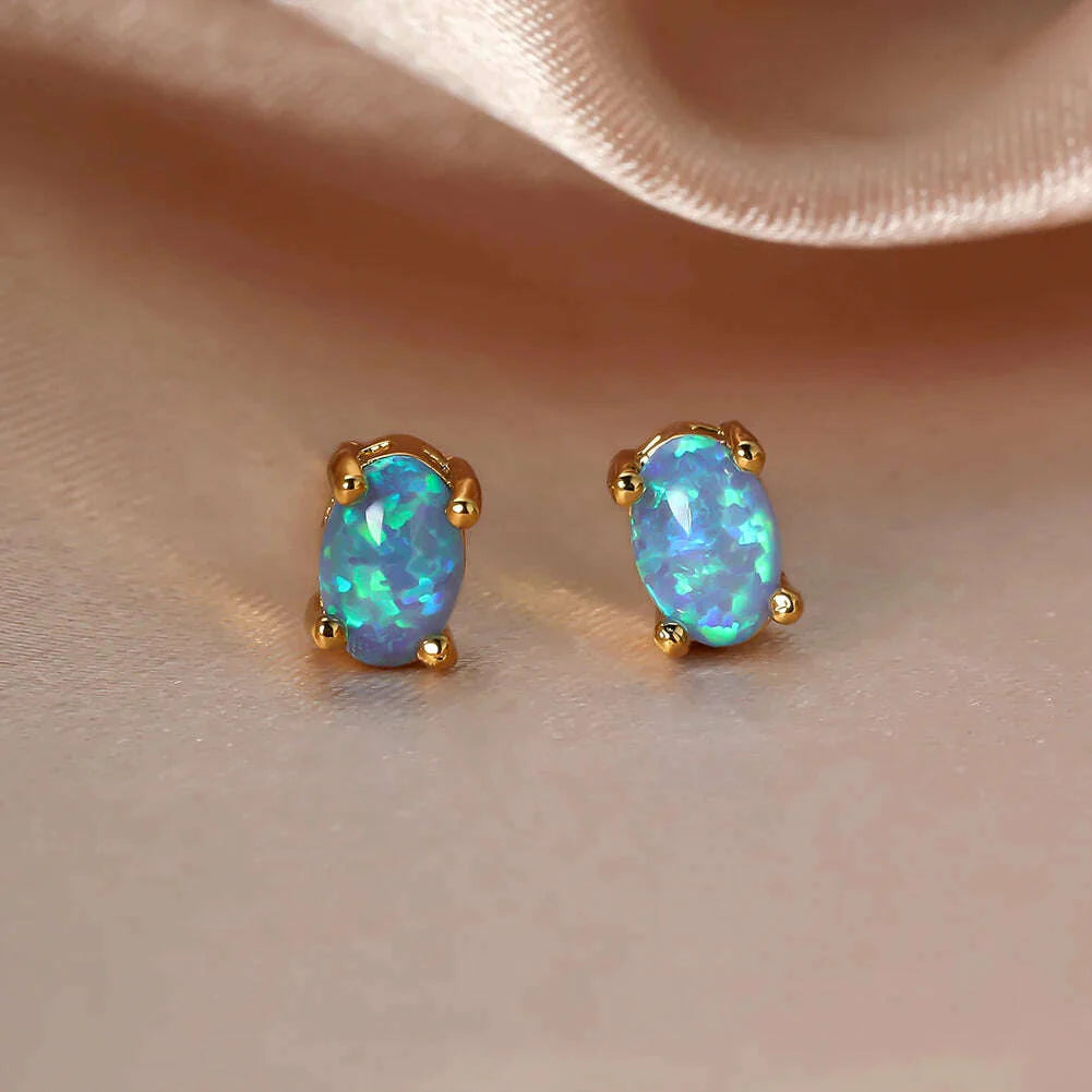 Silver Color Cute Oval Green Opal Stone Stud Earrings for Women Dainty Classic 4 Claws Natural Fire Opal Stone Students Earrings
