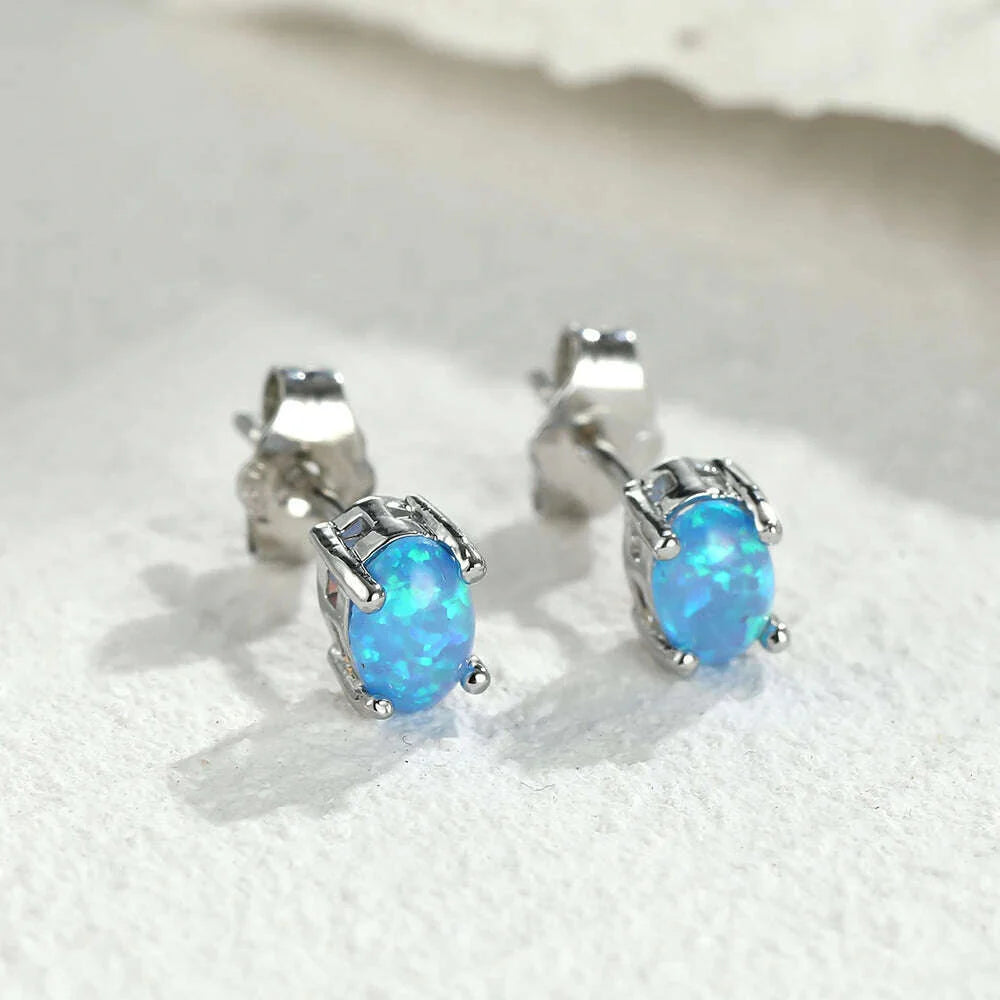Silver Color Cute Oval Green Opal Stone Stud Earrings for Women Dainty Classic 4 Claws Natural Fire Opal Stone Students Earrings