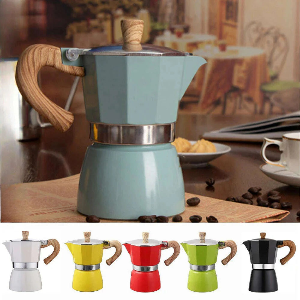 Single Valve Octagonal Coffee Pot Aluminum Moka Pot Extraction for Italian Coffee Machine with Anti-scald Wood Handle 150/300ml