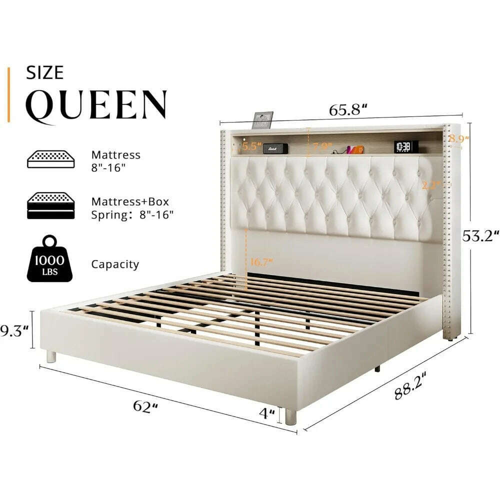 Size Bed Frame 53.6'' Tall Headboard LED Lights and Charging Station, Velvet Hign Upholstered Platform Bed Wingb