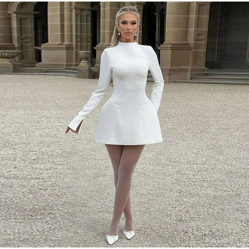 Solid Backless Dress Women Elegant Half High Collar Long Sleeve High Waist Female A Line Dresses Ladies Party Club Evening Gowns