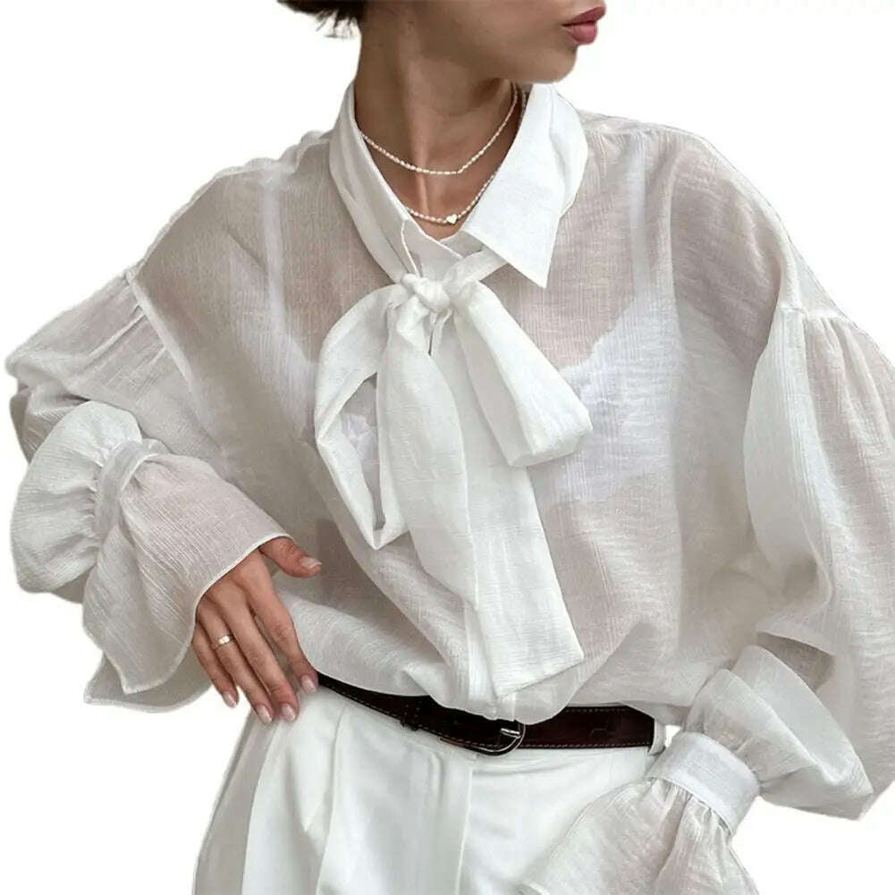 Spring Autumn Fashion White Ruffled Elegant Blouse Top Women New Long Sleeve Lapel Woman Shirt Solid Office Ladies Loose Tops