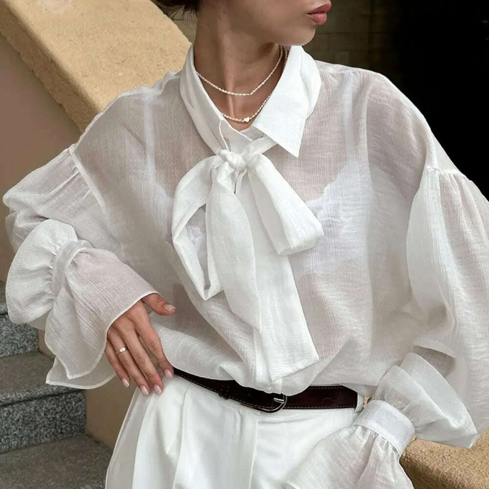 Spring Autumn Fashion White Ruffled Elegant Blouse Top Women New Long Sleeve Lapel Woman Shirt Solid Office Ladies Loose Tops