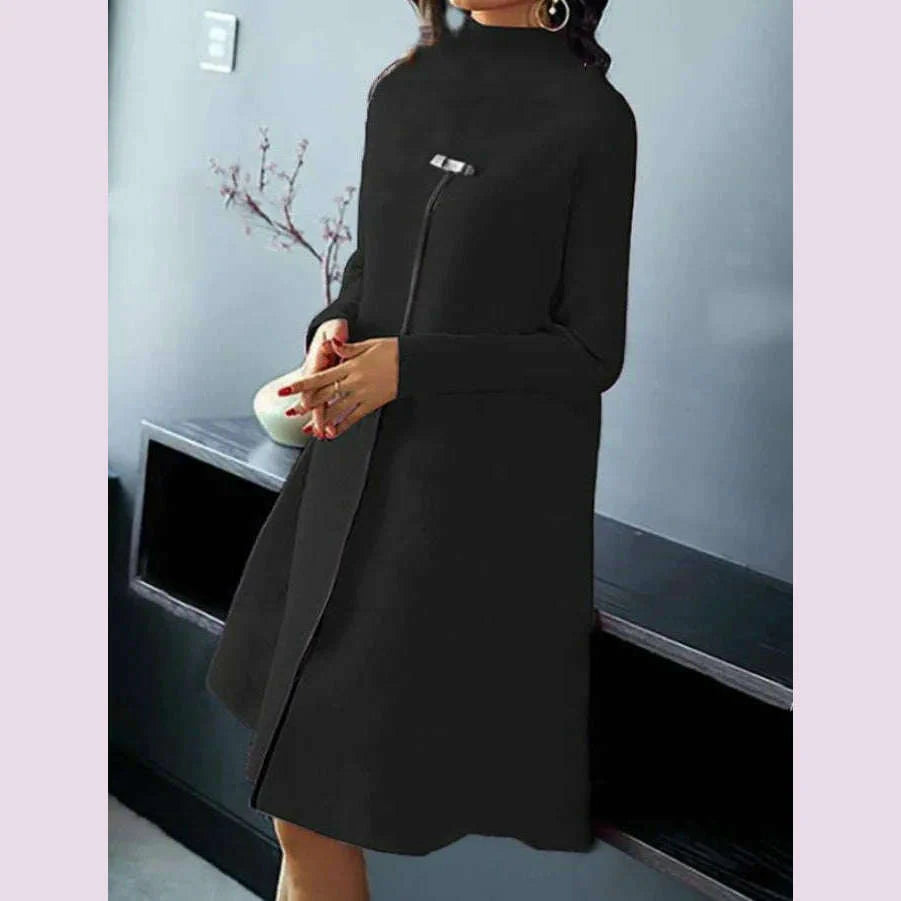 Spring Autumn New Fashion Temperament Style Long Sleeve Dress Elegant Women Round Neck Casual Loose High Split Design Dresses