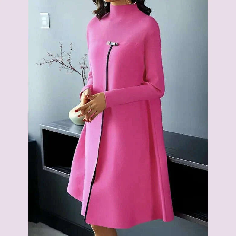 Spring Autumn New Fashion Temperament Style Long Sleeve Dress Elegant Women Round Neck Casual Loose High Split Design Dresses