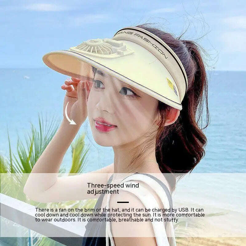 Sun Visor Women Hats with Fan-Three Temp Settings-Large Area Sun Protection Adjustable Elastic Buckle
