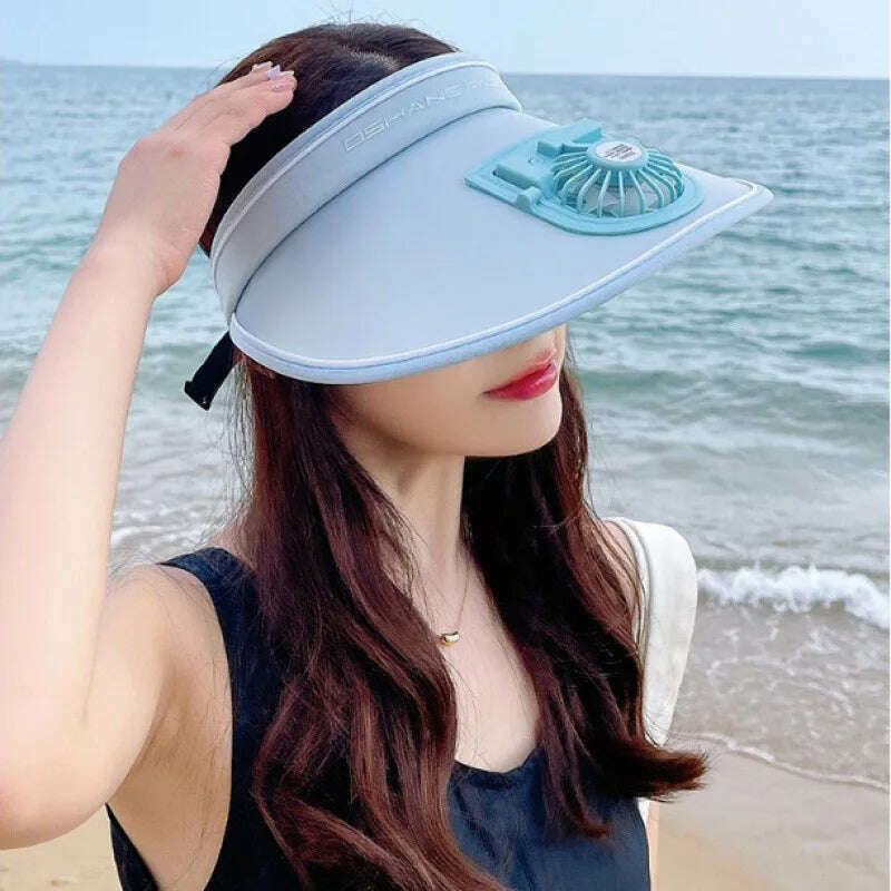 Sun Visor Women Hats with Fan-Three Temp Settings-Large Area Sun Protection Adjustable Elastic Buckle