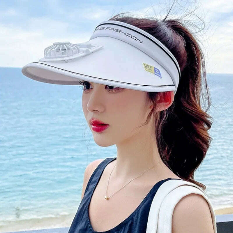 Sun Visor Women Hats with Fan-Three Temp Settings-Large Area Sun Protection Adjustable Elastic Buckle
