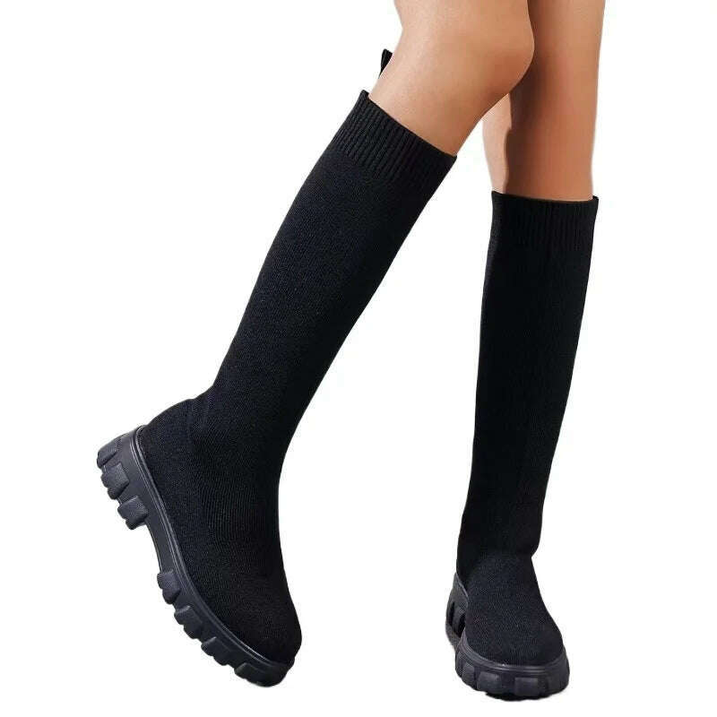 Thick Sole Knitted Long Boots for Women Fashion Elastic Socks Shoes Boots Over Knee Round Toe Low Heels Botas De Mujer 2024