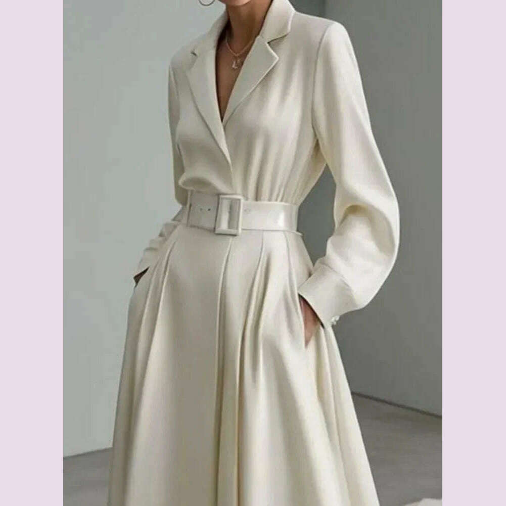 Tinaa Party Evening Dresses for Women White Maxi Dress Elegant Long Sleeves Loose No Belt Notched Collar Dresses Women Clothing