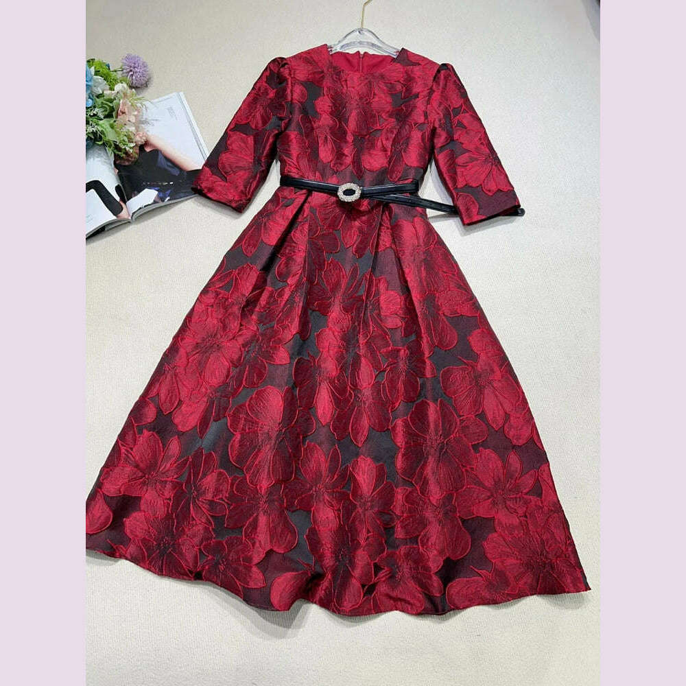 Tingfly Runway Designer High Quality Flower Jacard A Line Ball Gowns Party Dinner Dresses with Belt Lady Elegant Dress