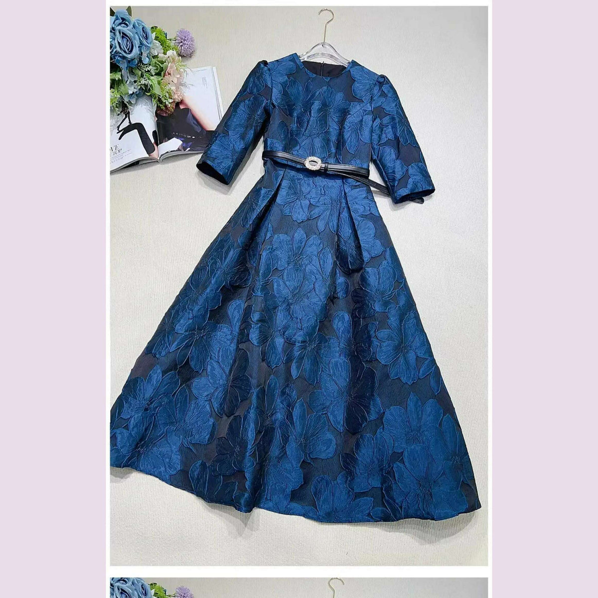 Tingfly Runway Designer High Quality Flower Jacard A Line Ball Gowns Party Dinner Dresses with Belt Lady Elegant Dress