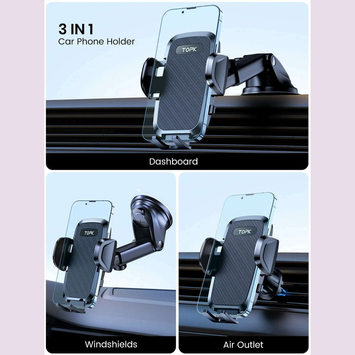 TOPK D36 Car Phone Holder Adjustable Car Phone Mount Cradle Super Stable for Dashboard/Windscreen/Air Vent for Mobile Phones
