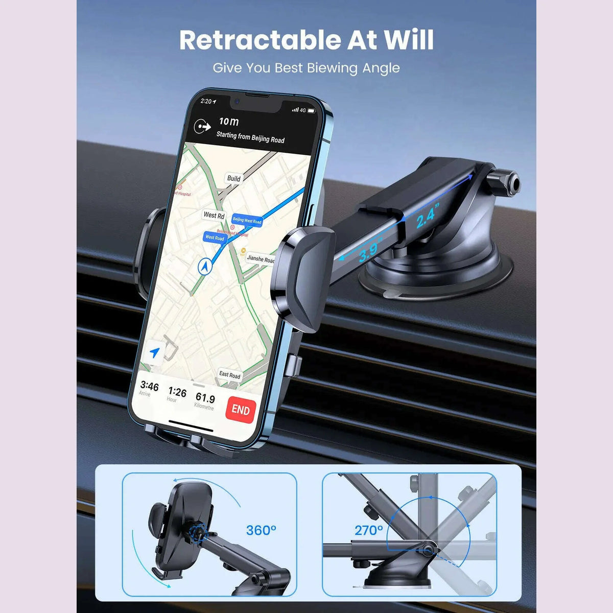 TOPK D36 Car Phone Holder Adjustable Car Phone Mount Cradle Super Stable for Dashboard/Windscreen/Air Vent for Mobile Phones