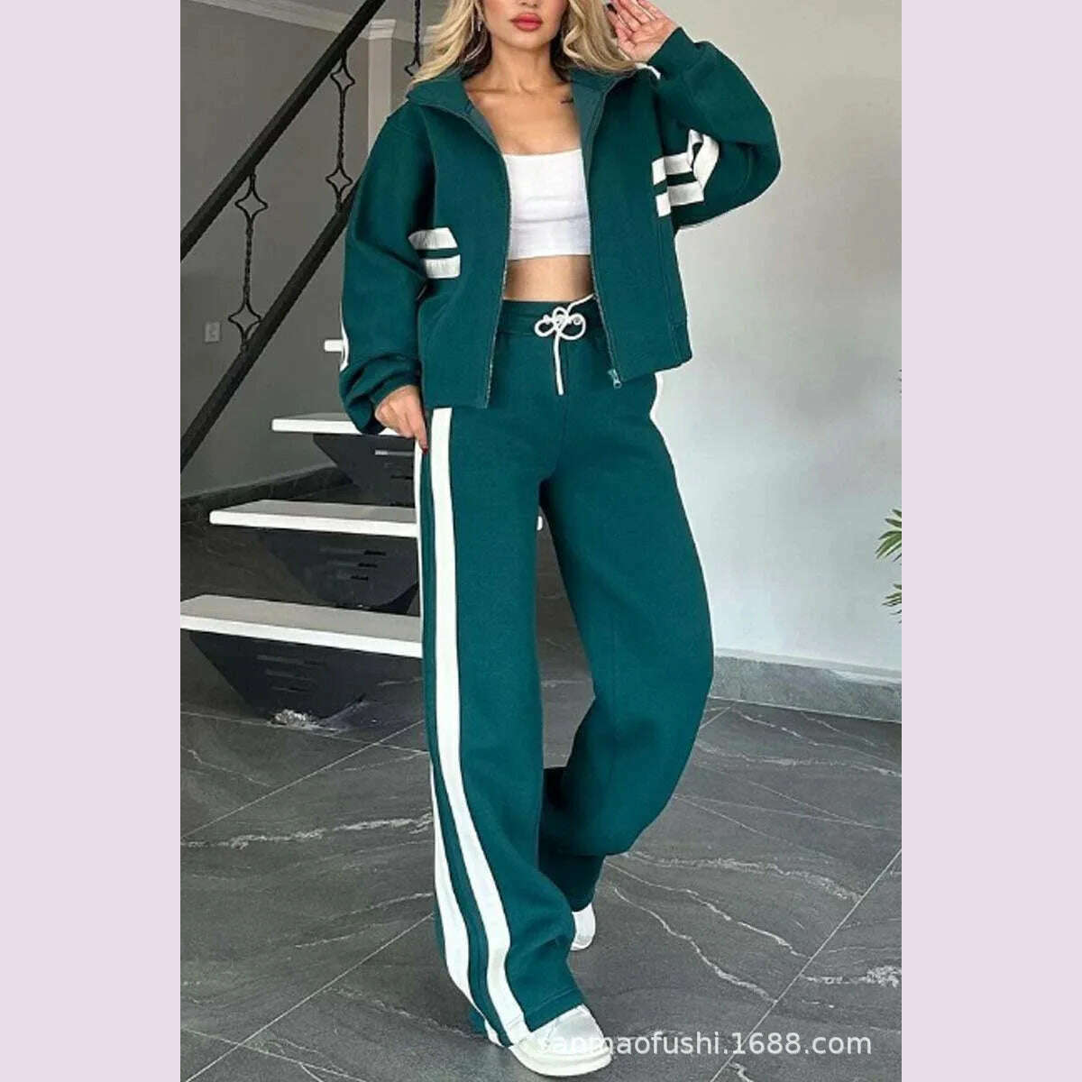 Two Piece Set Women Fashion Striped Splicing Lapel Zipper Coat High Waist Pants Outfit Autumn Winter Long Sleeve Suit Tracksuit