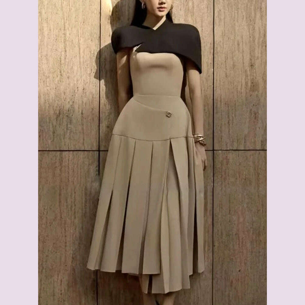 TWOTWINSTYLE Detachable Cloak Dresses For Women Square Collar Sleeveless High Waist Hit Color Patchwork Folds Dress Female New