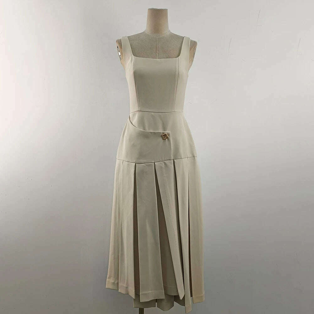 TWOTWINSTYLE Detachable Cloak Dresses For Women Square Collar Sleeveless High Waist Hit Color Patchwork Folds Dress Female New