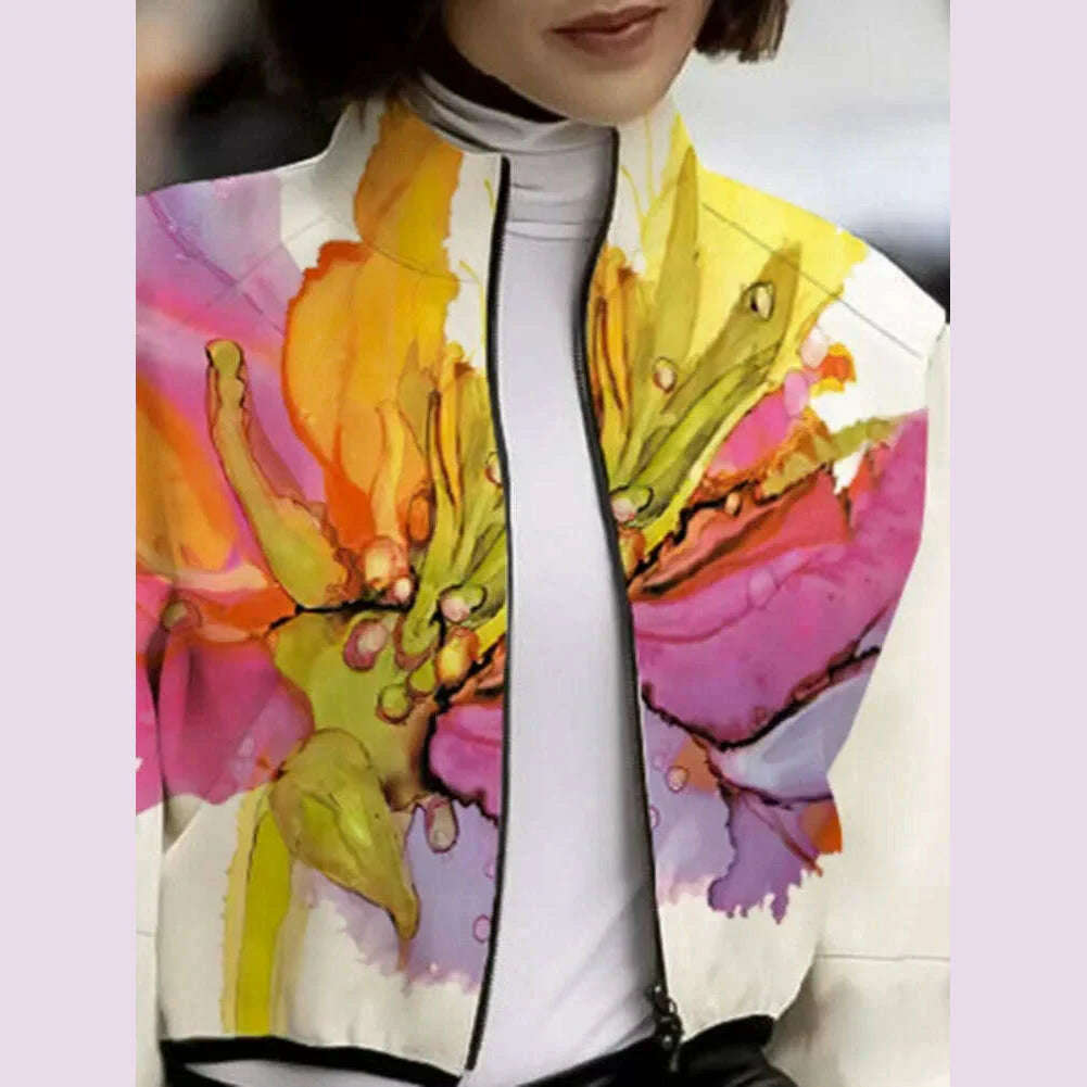 UOOZEE 2024 New Autumn Women Stand Collar Jackets Fashion Elegant Floral Printed Puff Sleeves Loose Fit Casual Outerwears