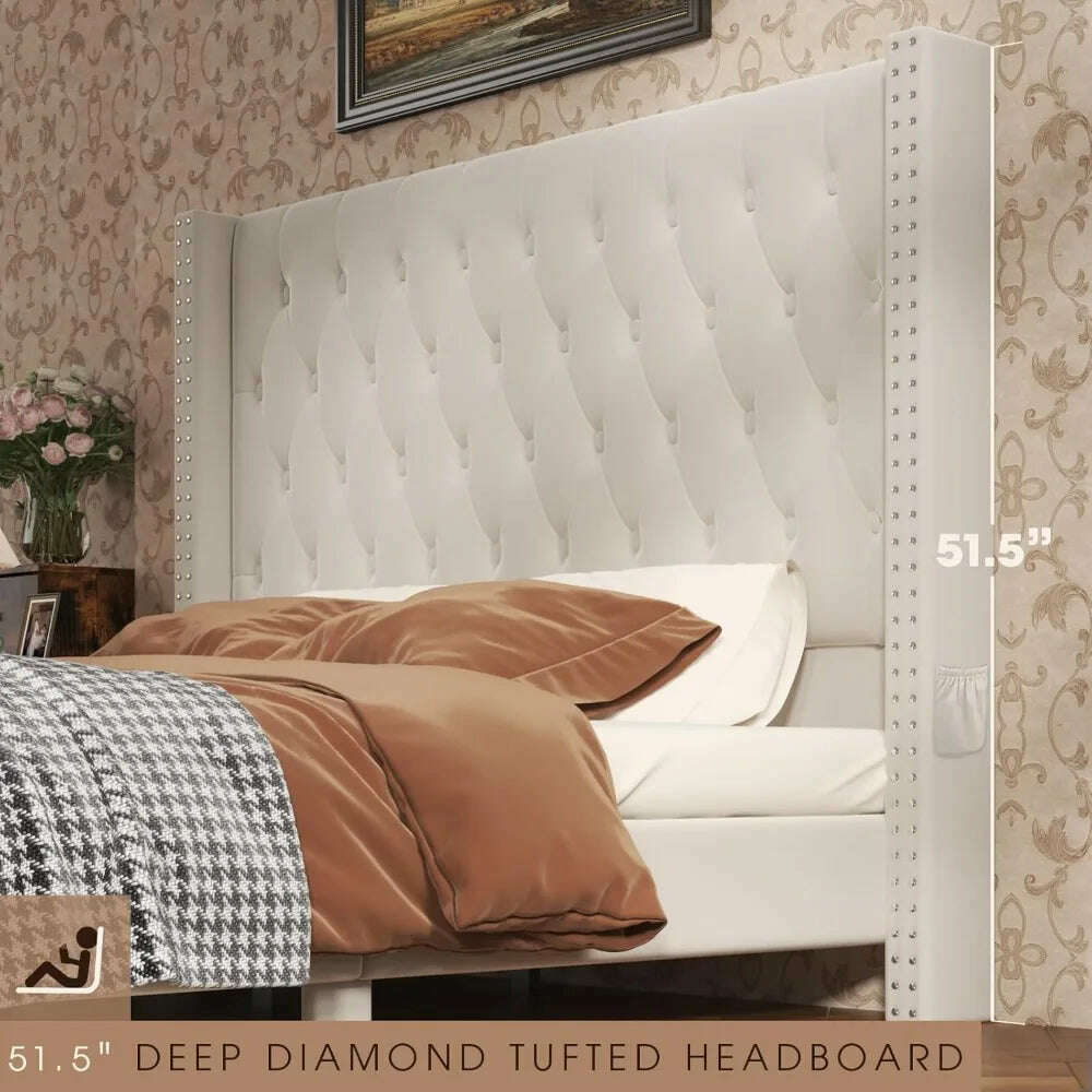 Upholstered Bed Frame Queen with Headboard and Storage, Tall Bed Frame with 2 Drawers, Tufted Wingback Bed Frame Queen Si