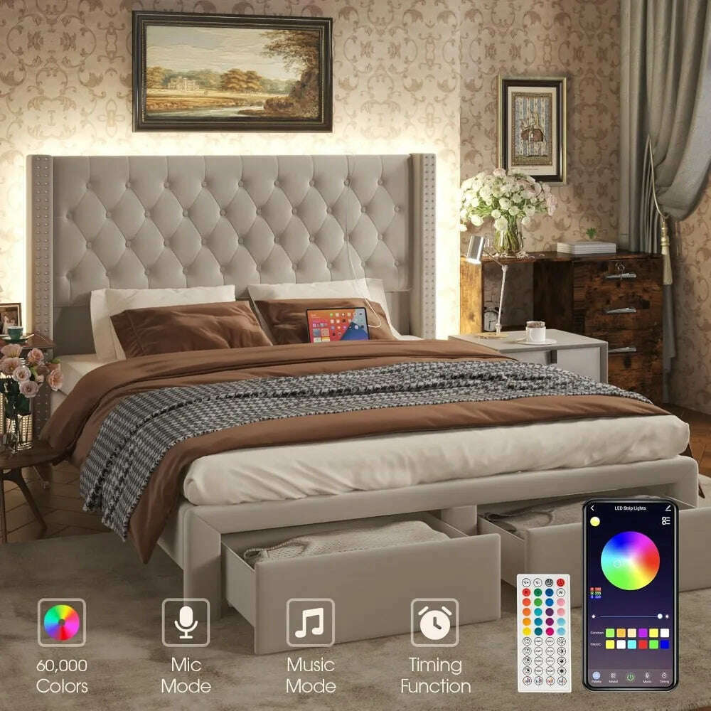 Upholstered Bed Frame Queen with Headboard and Storage, Tall Bed Frame with 2 Drawers, Tufted Wingback Bed Frame Queen Si