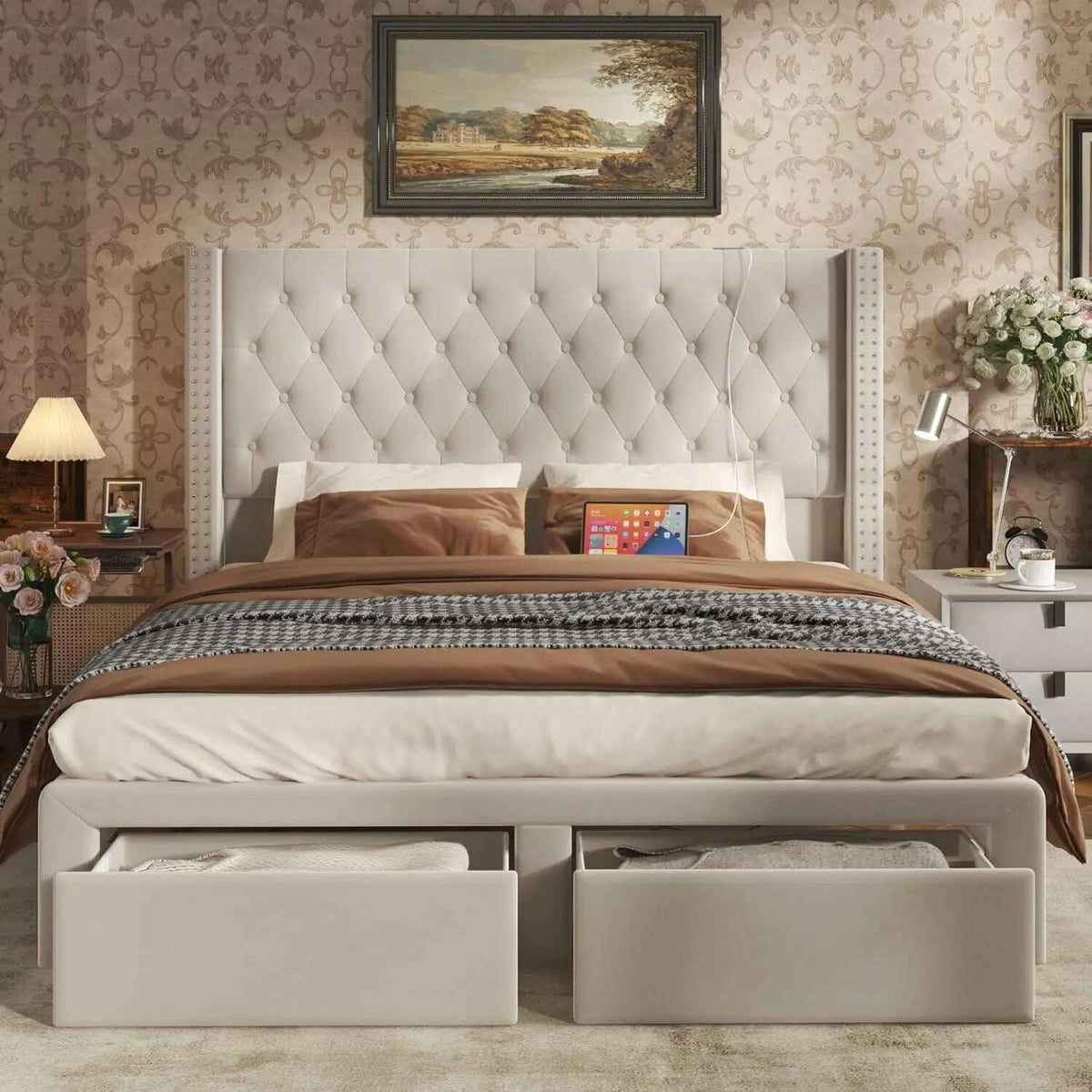 Upholstered Bed Frame Queen with Headboard and Storage, Tall Bed Frame with 2 Drawers, Tufted Wingback Bed Frame Queen Si