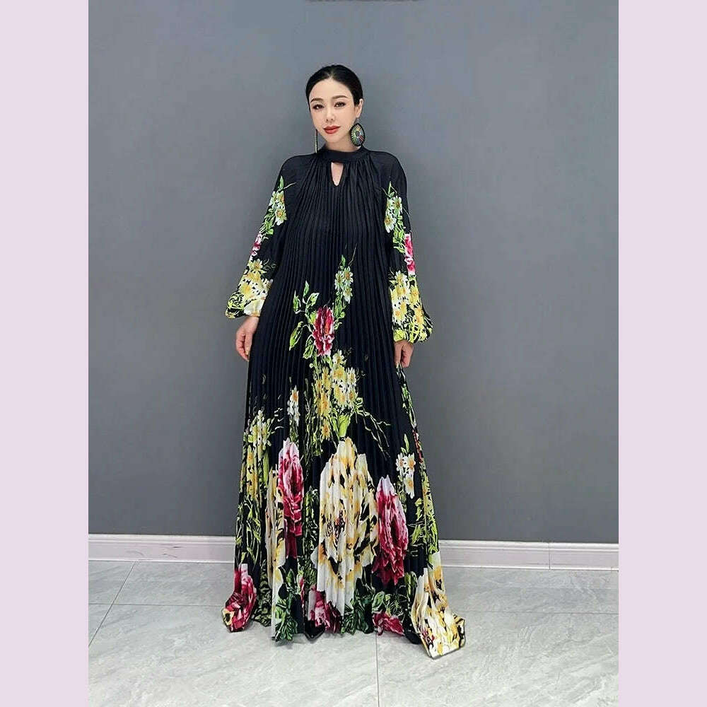 Vefadisa 2023 Autumn Casual Light Luxury Wind Pressure Pleated Waist Long Dress Fashion Printed Small Flower Personalized ZY1923