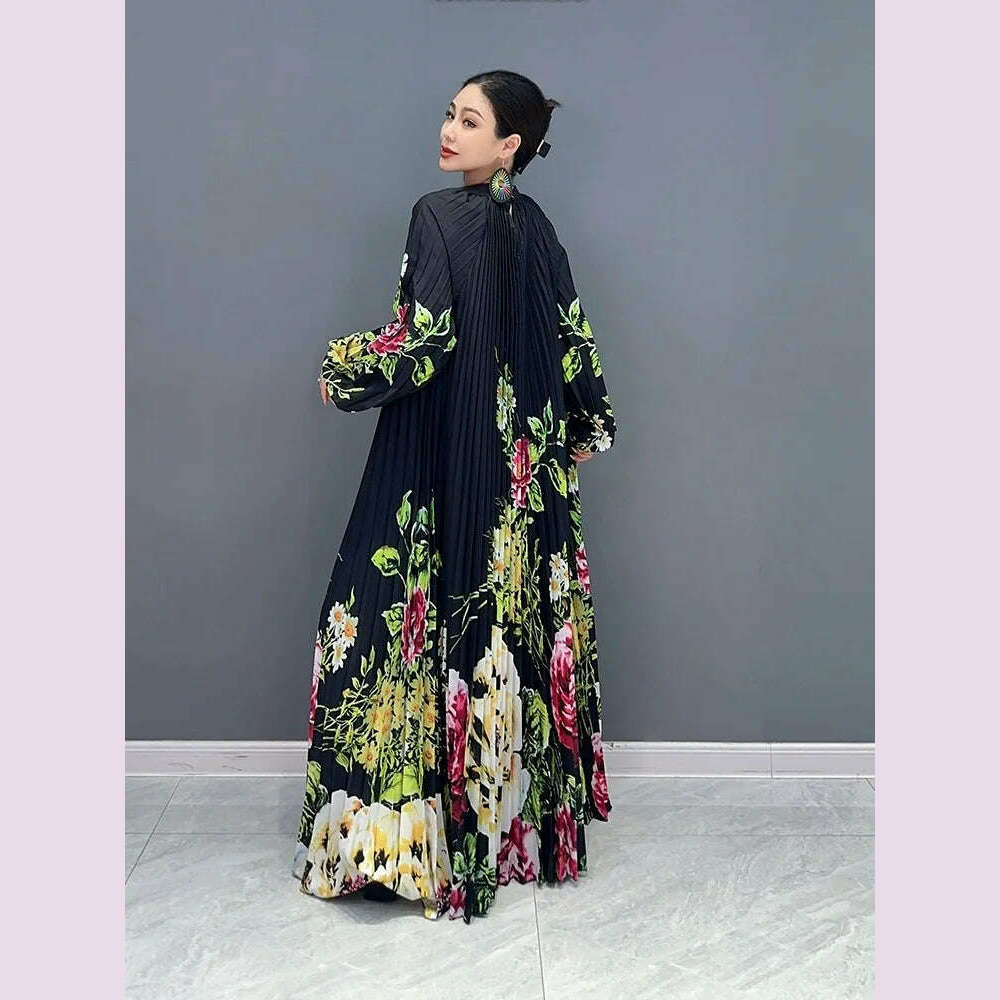 Vefadisa 2023 Autumn Casual Light Luxury Wind Pressure Pleated Waist Long Dress Fashion Printed Small Flower Personalized ZY1923